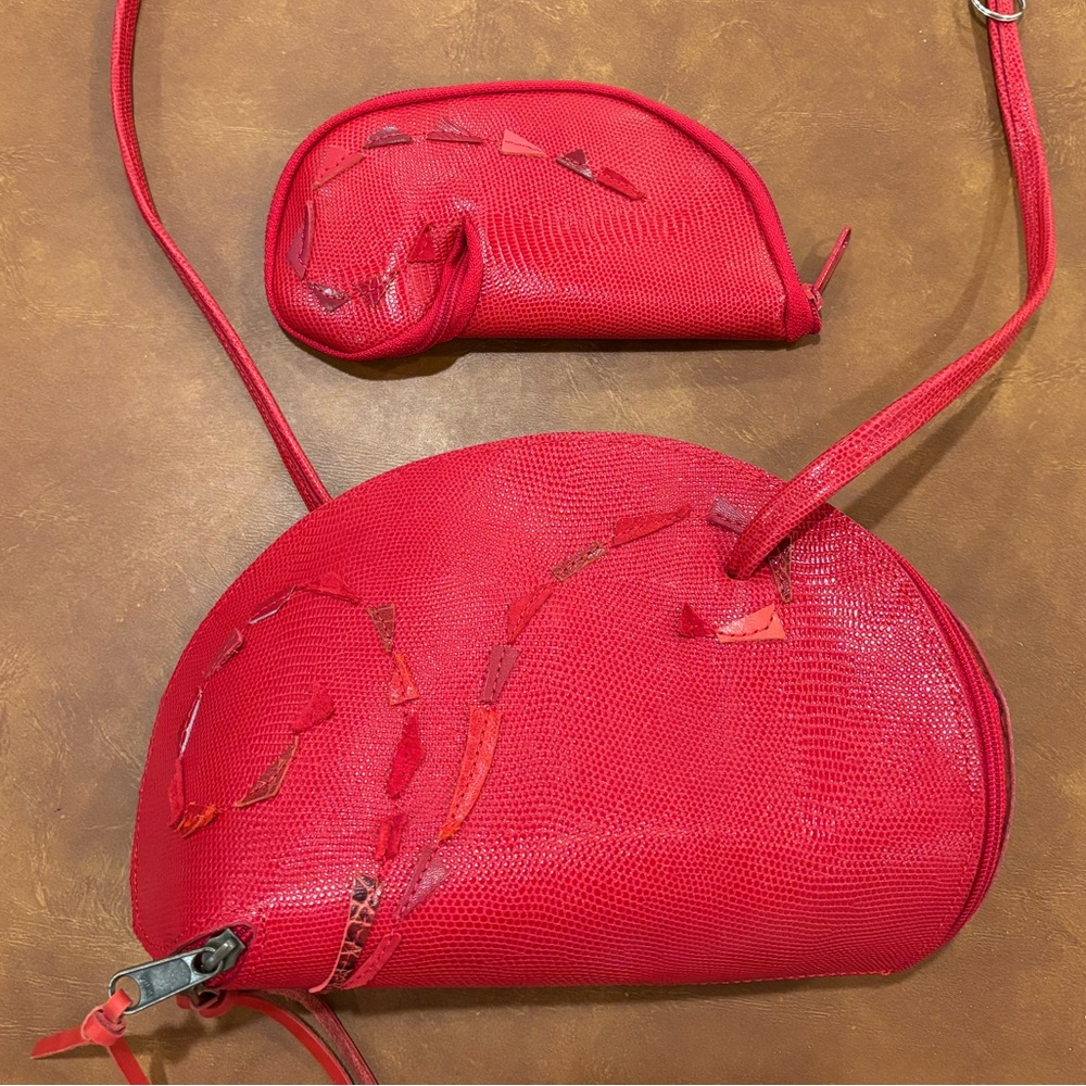 Handmade 2-Piece Red Artisan Leather Crossbody Bag & Mini Purse by Carol Hearty